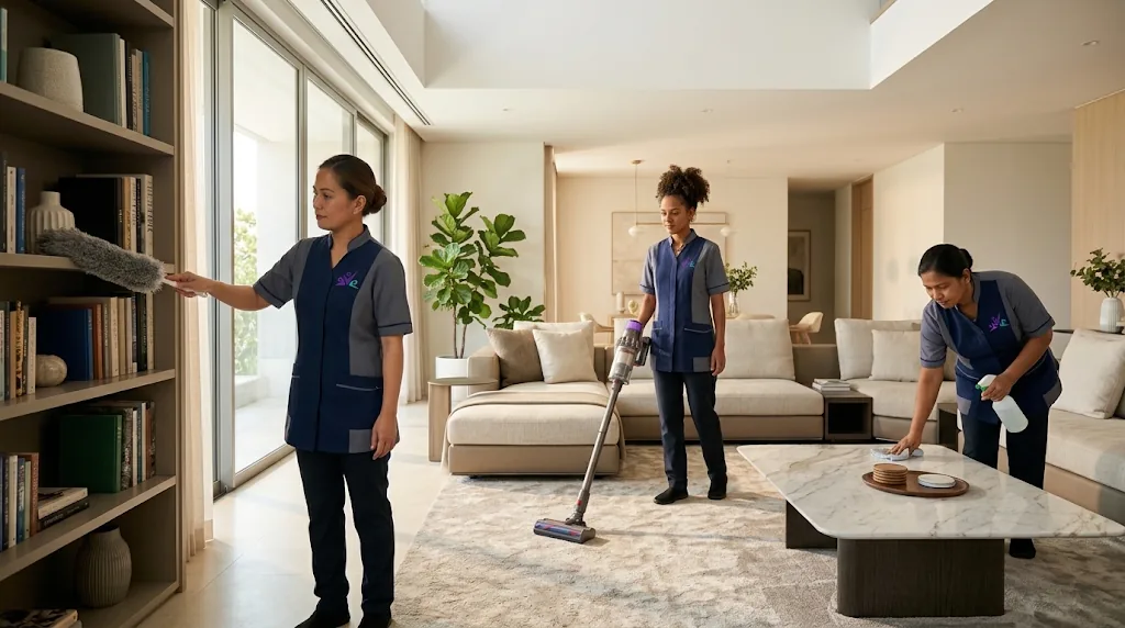 Domestic workers cleaning and tidying a living room